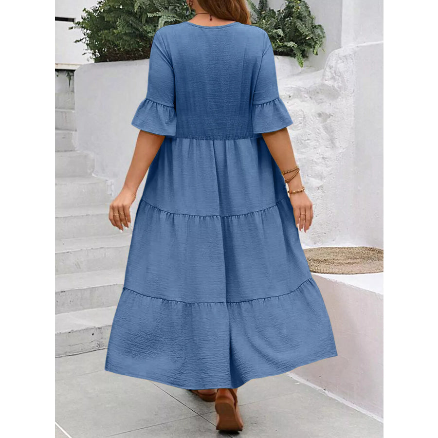 Plus Size Ruffle Sleeves Tiered Midi Dress Apparel and Accessories