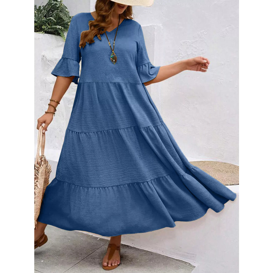 Plus Size Ruffle Sleeves Tiered Midi Dress Apparel and Accessories