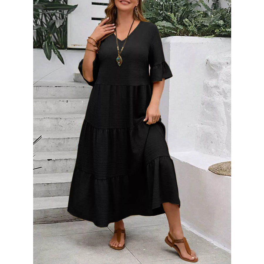 Plus Size Ruffle Sleeves Tiered Midi Dress Black / 1XL Apparel and Accessories
