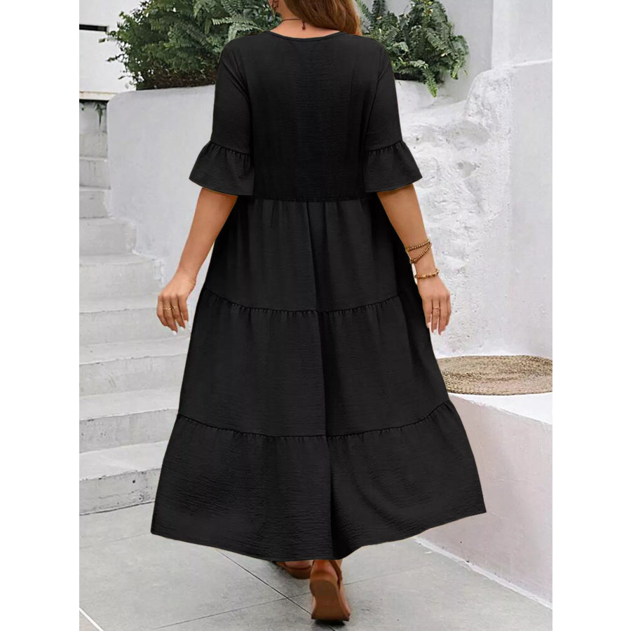 Plus Size Ruffle Sleeves Tiered Midi Dress Apparel and Accessories