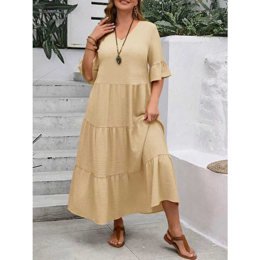 Plus Size Ruffle Sleeves Tiered Midi Dress Apricot / 1XL Apparel and Accessories