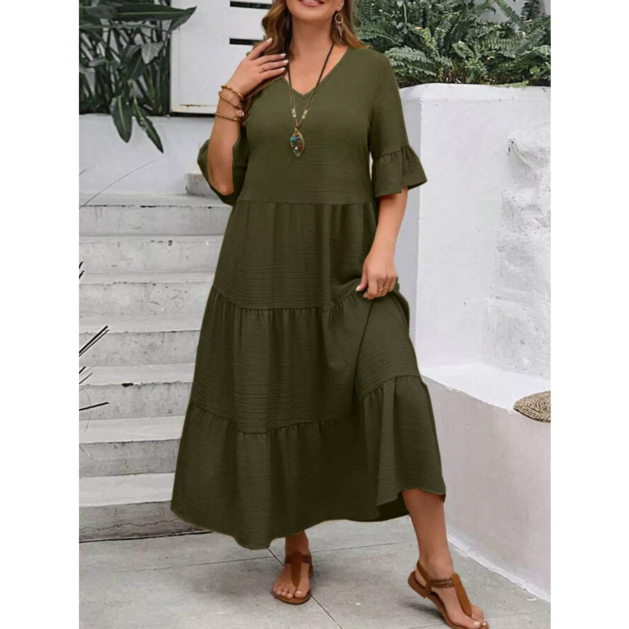 Plus Size Ruffle Sleeves Tiered Midi Dress Army Green / 1XL Apparel and Accessories