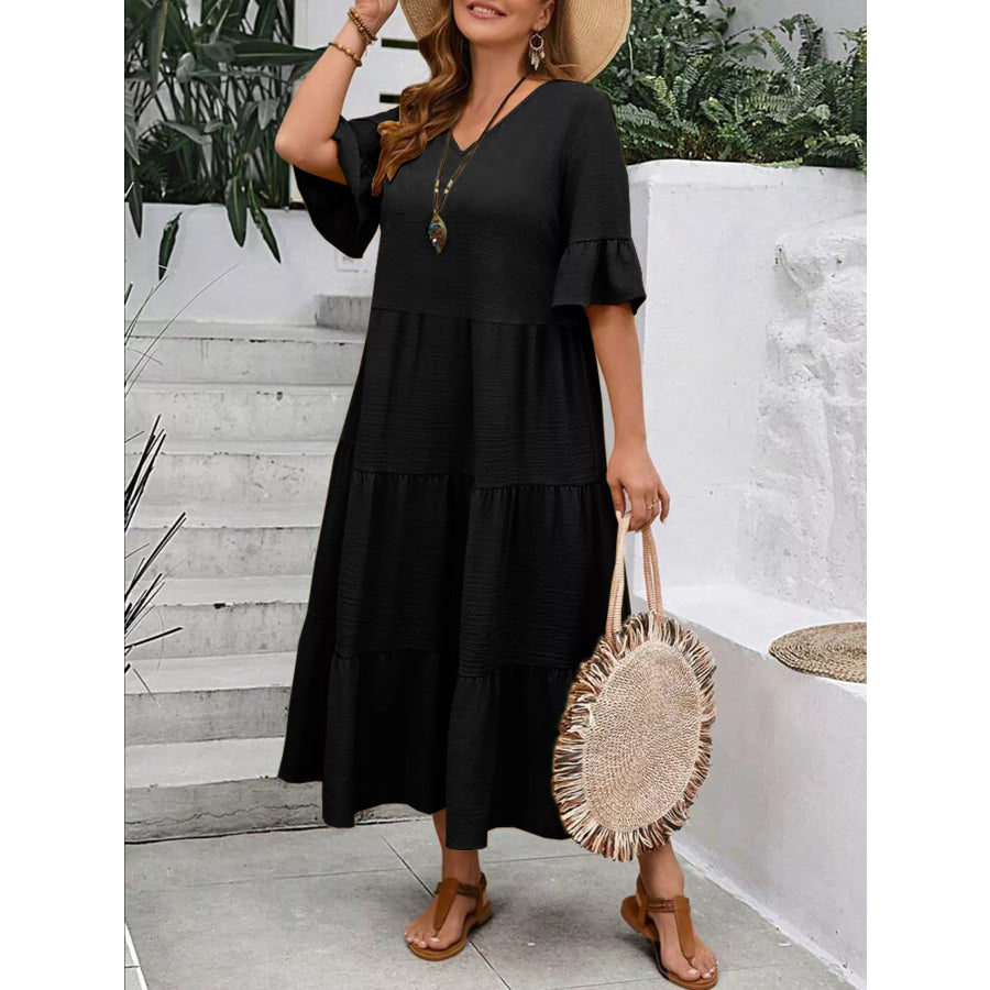 Plus Size Ruffle Sleeves Tiered Midi Dress Black / 1XL Apparel and Accessories