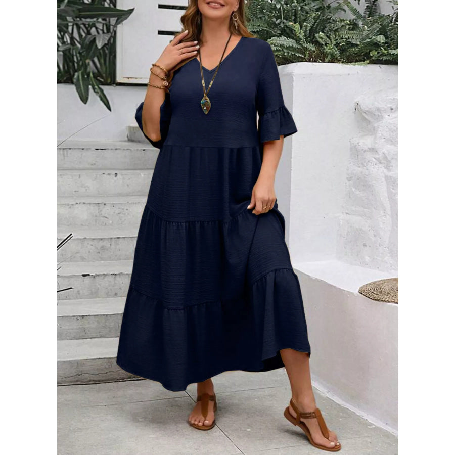 Plus Size Ruffle Sleeves Tiered Midi Dress Navy Blue / 1XL Apparel and Accessories