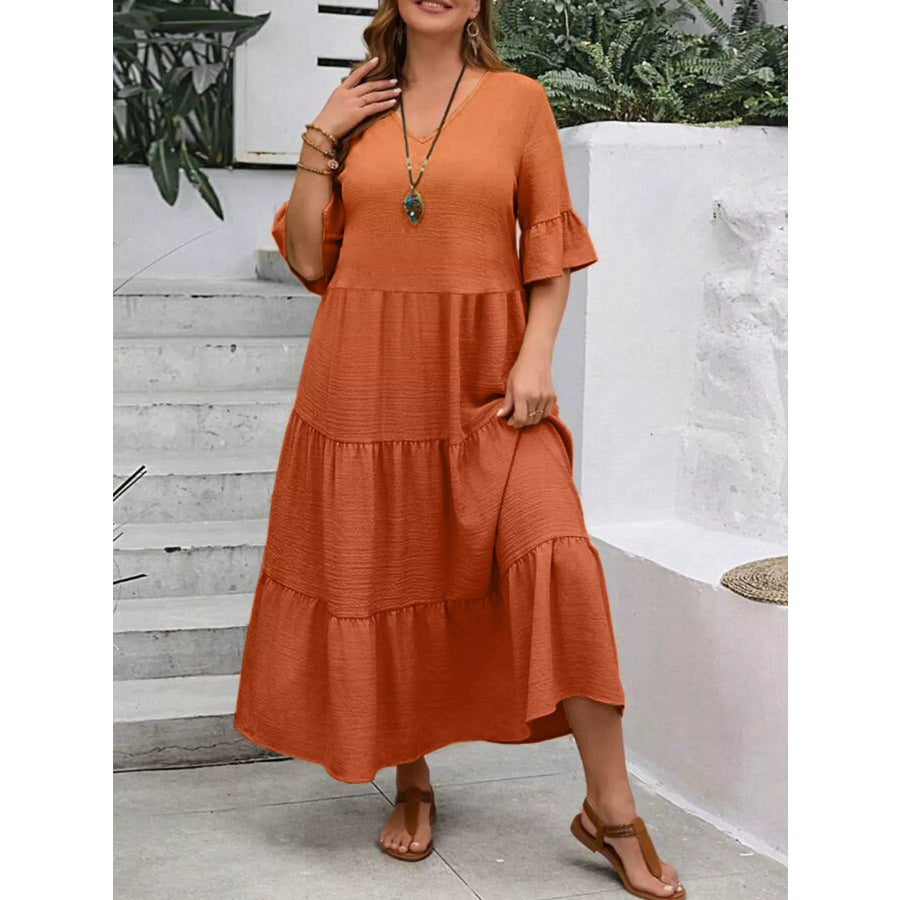 Plus Size Ruffle Sleeves Tiered Midi Dress Orange / 1XL Apparel and Accessories