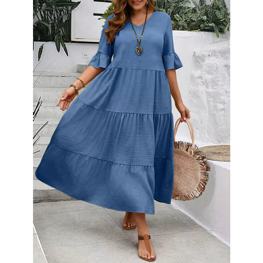 Plus Size Ruffle Sleeves Tiered Midi Dress Royal Blue / 1XL Apparel and Accessories
