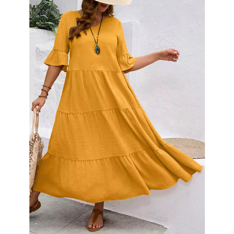 Plus Size Ruffle Sleeves Tiered Midi Dress Yellow / 1XL Apparel and Accessories