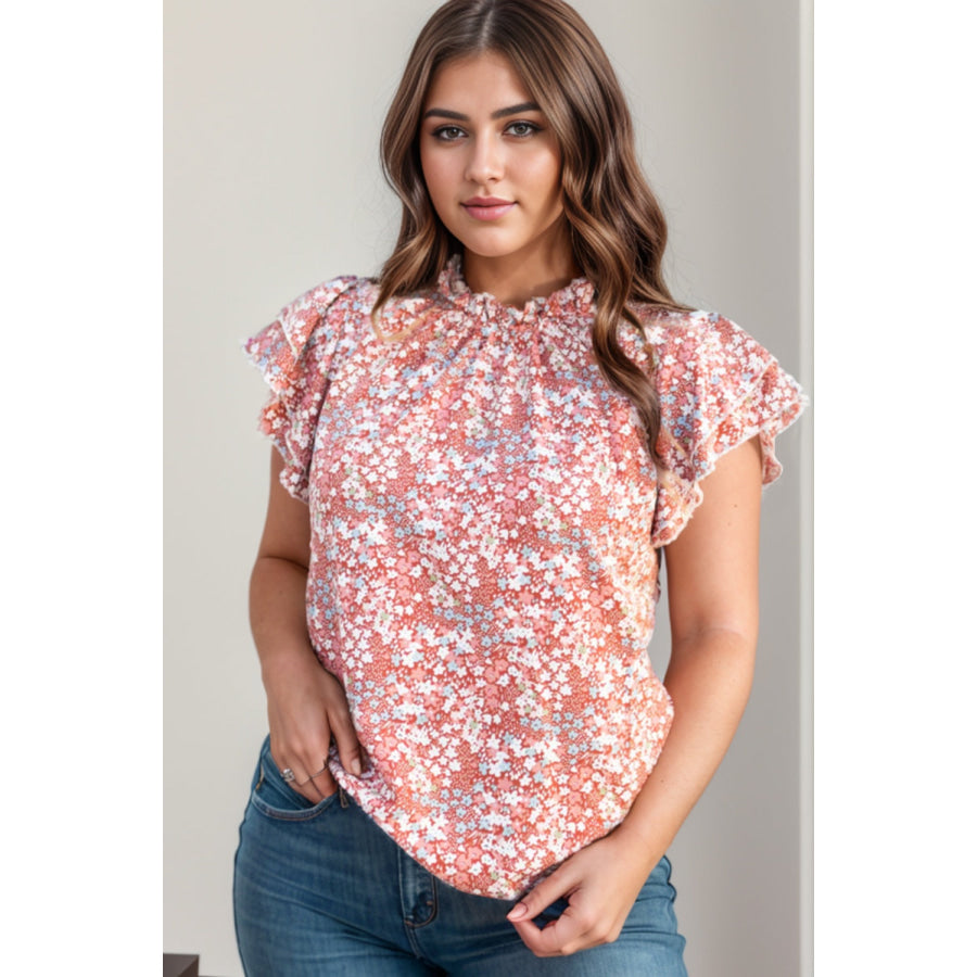 Plus Size Ruffled Floral Mock Neck Cap Sleeve Blouse Floral / 1X Apparel and Accessories