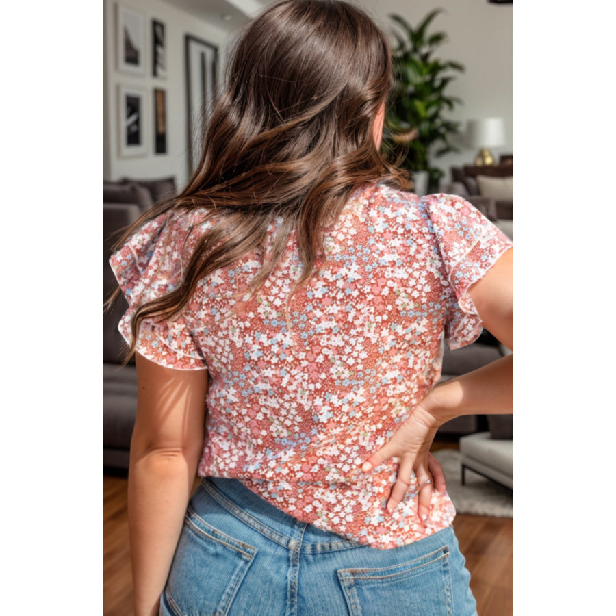 Plus Size Ruffled Floral Mock Neck Cap Sleeve Blouse Apparel and Accessories