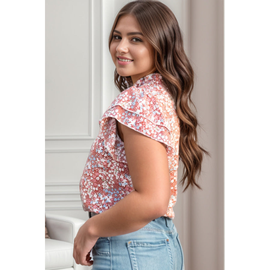 Plus Size Ruffled Floral Mock Neck Cap Sleeve Blouse Apparel and Accessories