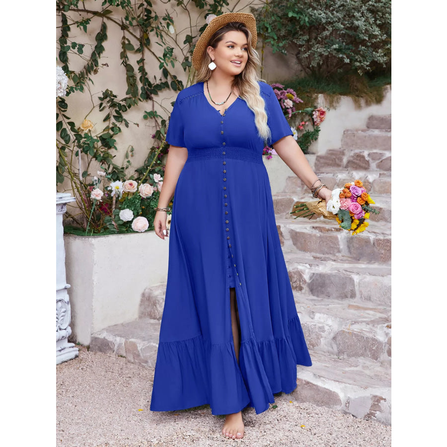 Plus Size Ruffled Hem V-Neck Maxi Dress Apparel and Accessories