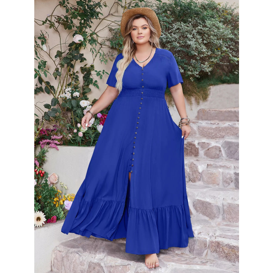 Plus Size Ruffled Hem V-Neck Maxi Dress Apparel and Accessories