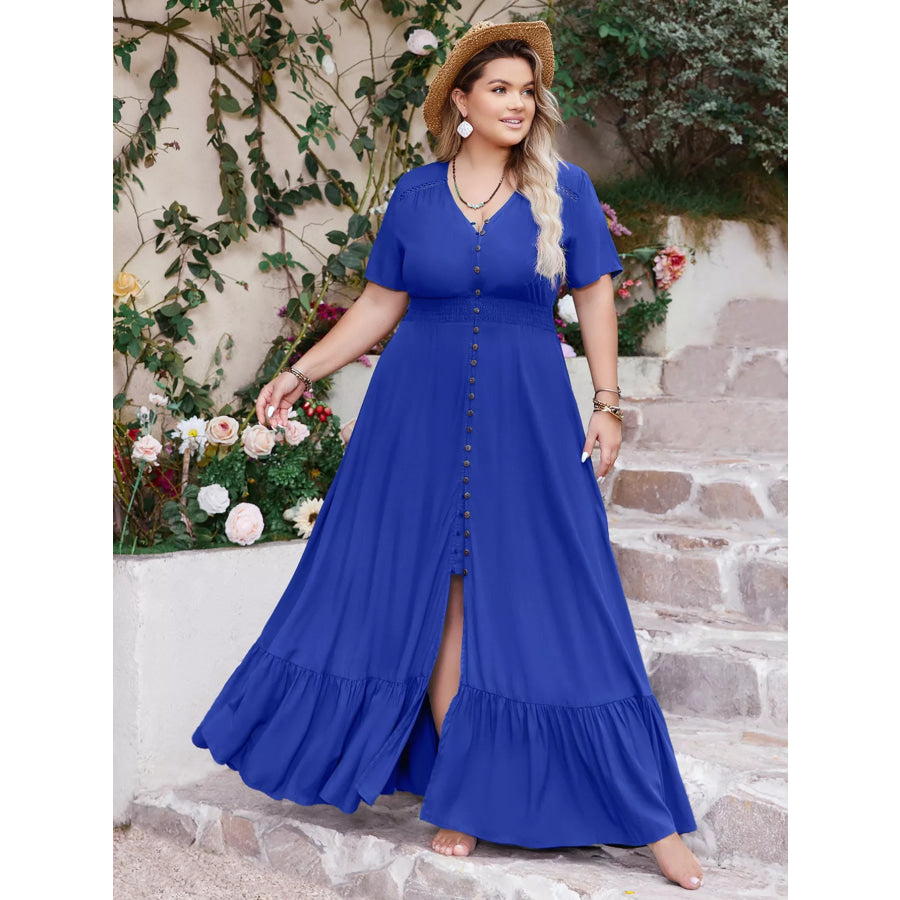 Plus Size Ruffled Hem V-Neck Maxi Dress Royal Blue / 0XL Apparel and Accessories