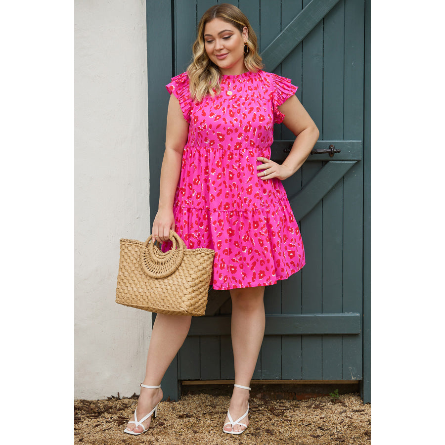 Plus Size Ruffled Leopard Cap Sleeve Mini Dress Apparel and Accessories