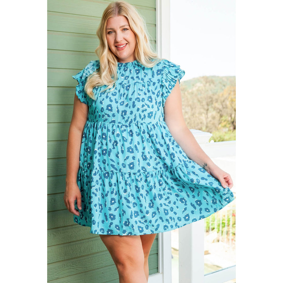 Plus Size Ruffled Leopard Cap Sleeve Mini Dress Apparel and Accessories