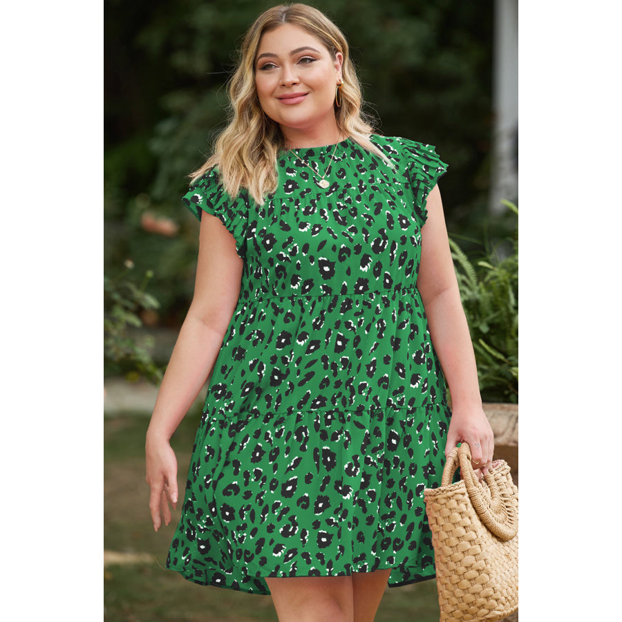 Plus Size Ruffled Leopard Cap Sleeve Mini Dress Apparel and Accessories