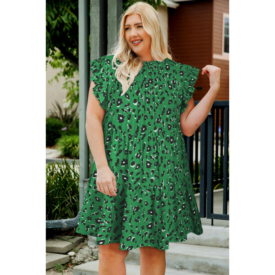 Plus Size Ruffled Leopard Cap Sleeve Mini Dress Green / 1XL Apparel and Accessories