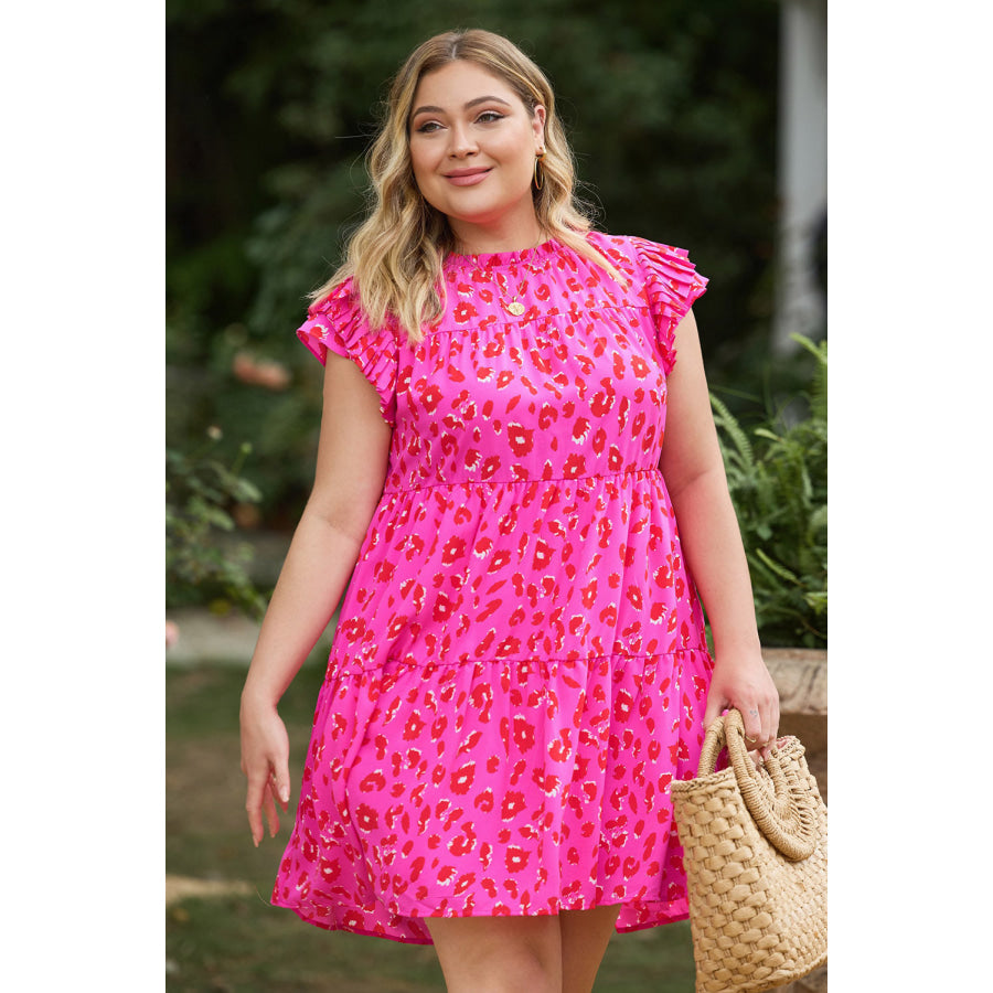 Plus Size Ruffled Leopard Cap Sleeve Mini Dress Hot Pink / 1XL Apparel and Accessories