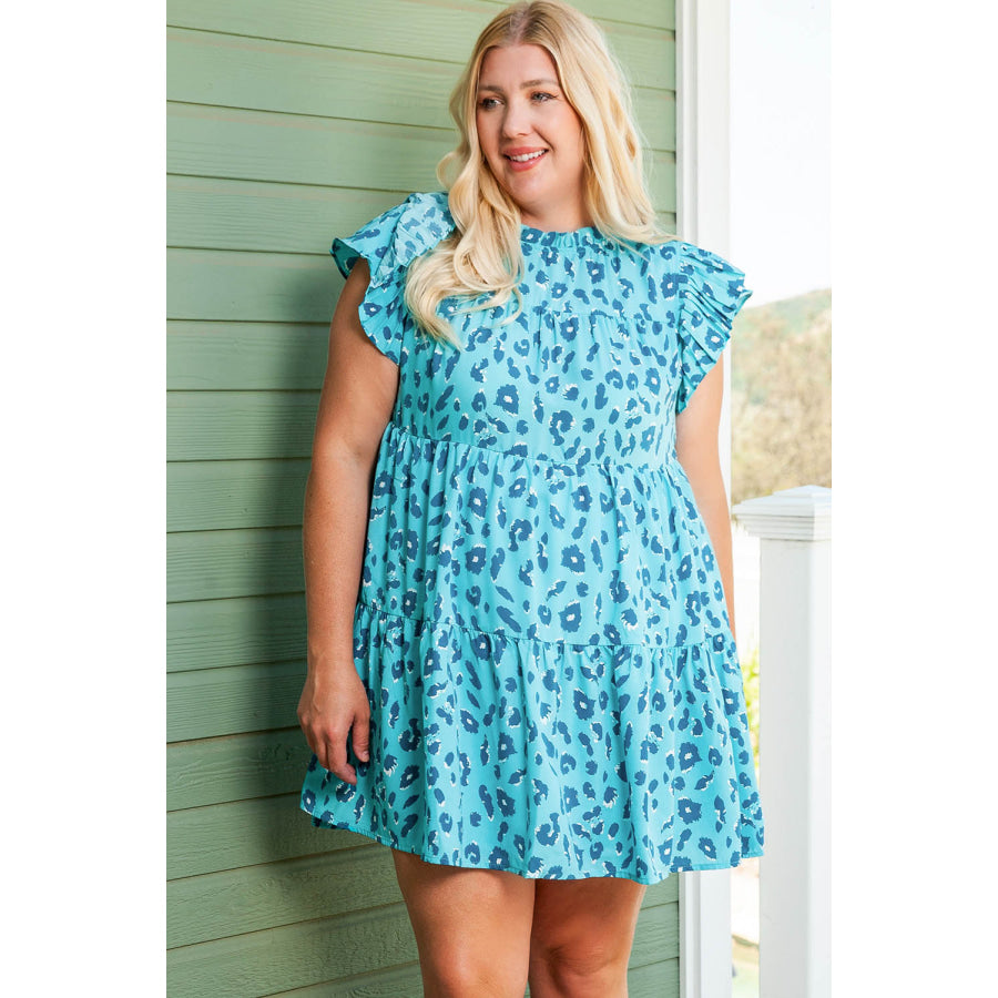 Plus Size Ruffled Leopard Cap Sleeve Mini Dress Pastel Blue / 1XL Apparel and Accessories