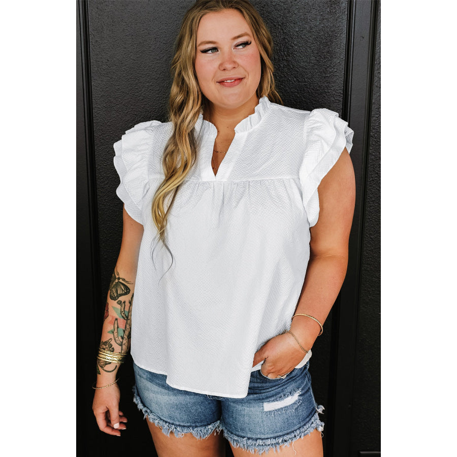 Plus Size Ruffled Notched Cap Sleeve Blouse Apparel and Accessories