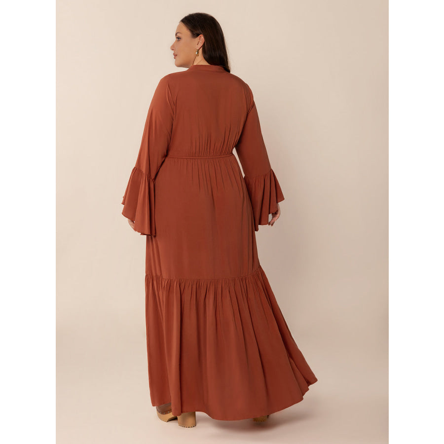 Plus Size Ruffled Notched Long Sleeve Midi Dress Apparel and Accessories