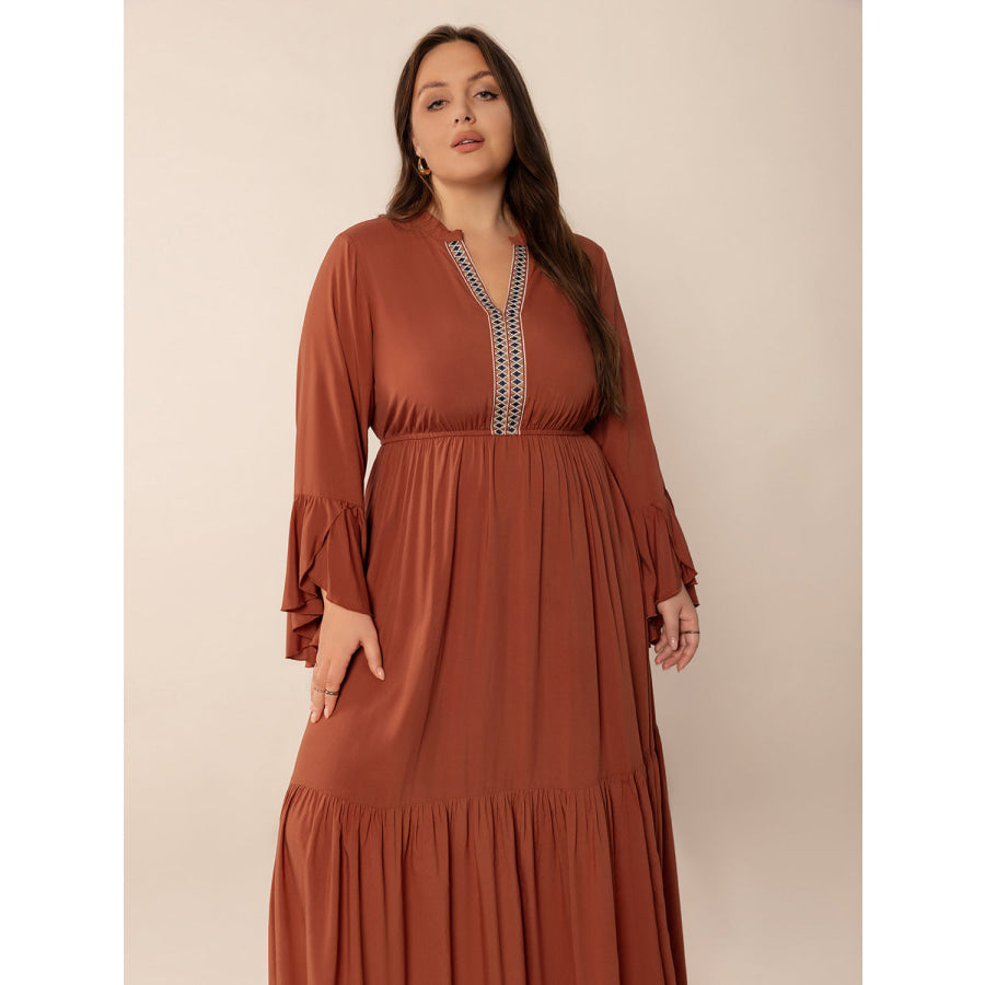 Plus Size Ruffled Notched Long Sleeve Midi Dress Apparel and Accessories