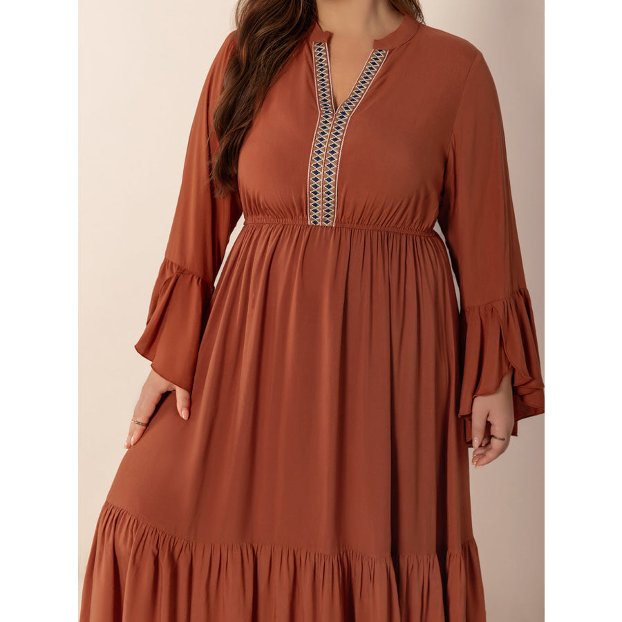 Plus Size Ruffled Notched Long Sleeve Midi Dress Apparel and Accessories