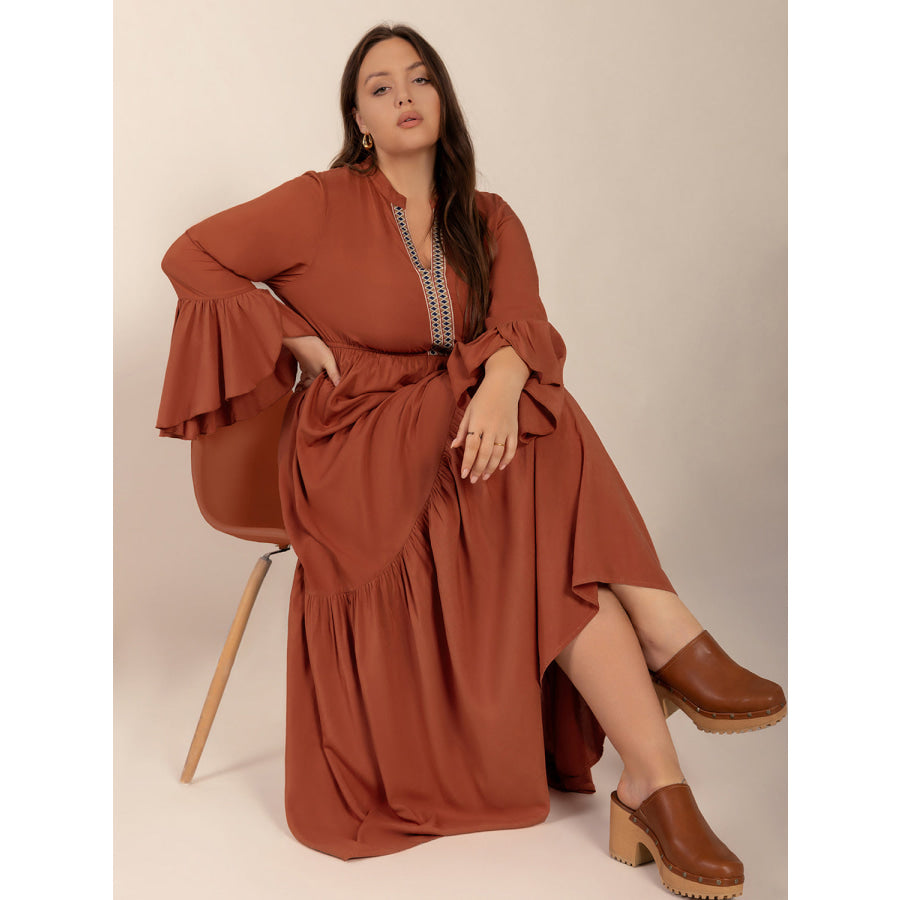 Plus Size Ruffled Notched Long Sleeve Midi Dress Apparel and Accessories