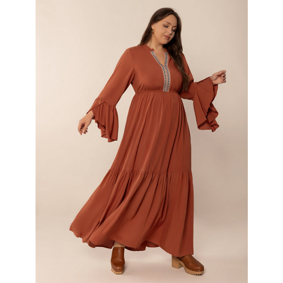 Plus Size Ruffled Notched Long Sleeve Midi Dress Apparel and Accessories