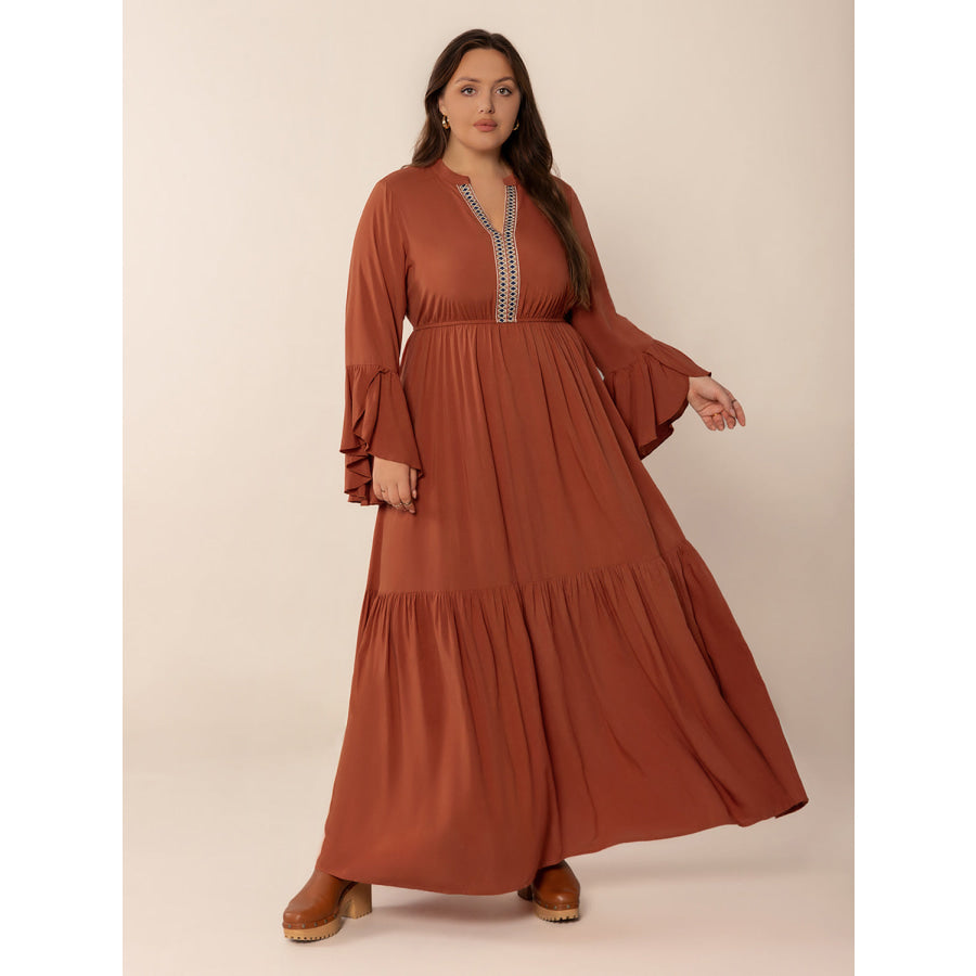 Plus Size Ruffled Notched Long Sleeve Midi Dress Terracotta / 0XL Apparel and Accessories