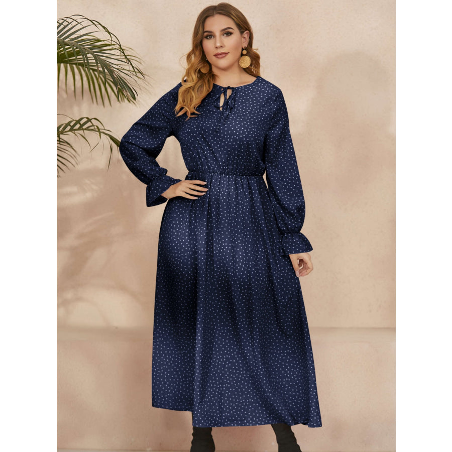 Plus Size Ruffled Polka Dot Long Sleeve Midi Dress Apparel and Accessories