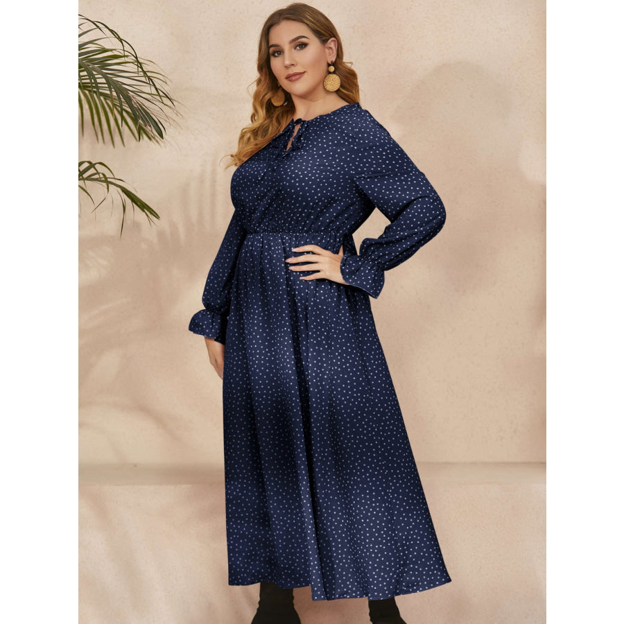 Plus Size Ruffled Polka Dot Long Sleeve Midi Dress Apparel and Accessories