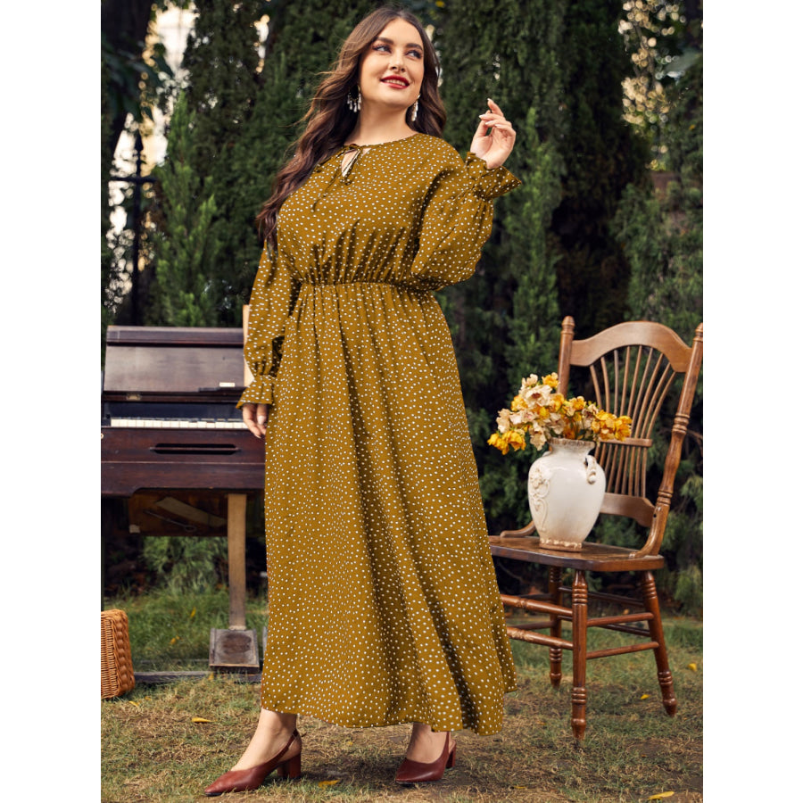 Plus Size Ruffled Polka Dot Long Sleeve Midi Dress Apparel and Accessories