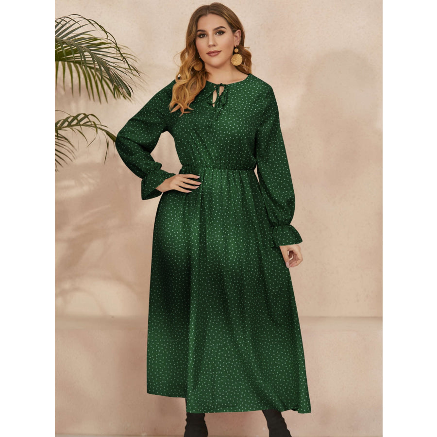 Plus Size Ruffled Polka Dot Long Sleeve Midi Dress Apparel and Accessories