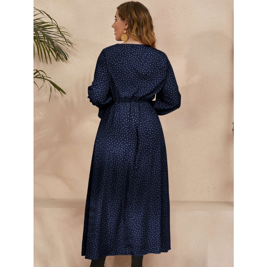 Plus Size Ruffled Polka Dot Long Sleeve Midi Dress Navy / 0XL Apparel and Accessories