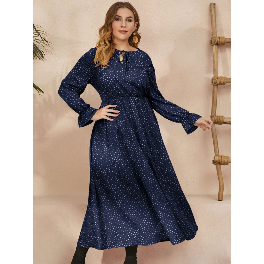 Plus Size Ruffled Polka Dot Long Sleeve Midi Dress Apparel and Accessories