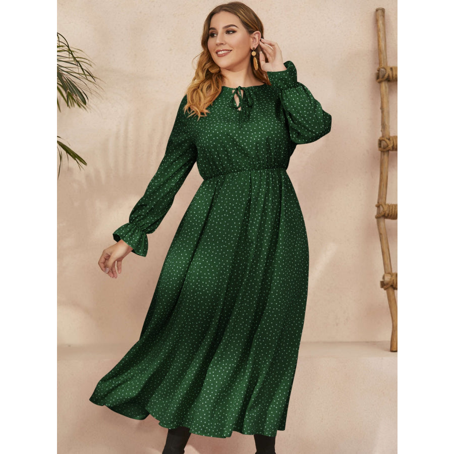 Plus Size Ruffled Polka Dot Long Sleeve Midi Dress Apparel and Accessories