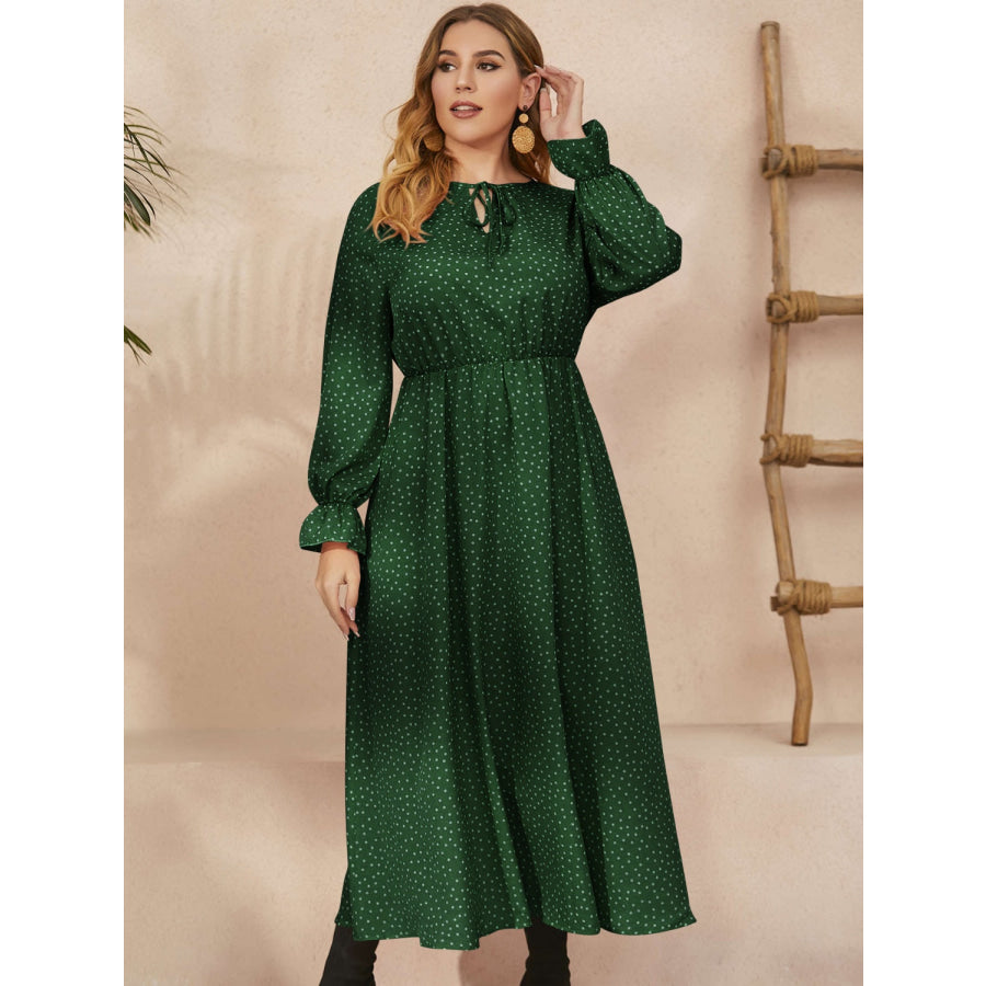 Plus Size Ruffled Polka Dot Long Sleeve Midi Dress Dark Green / 0XL Apparel and Accessories