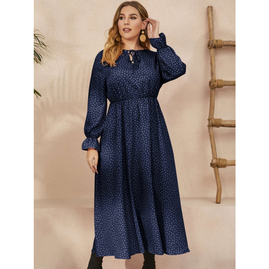 Plus Size Ruffled Polka Dot Long Sleeve Midi Dress Navy / 0XL Apparel and Accessories