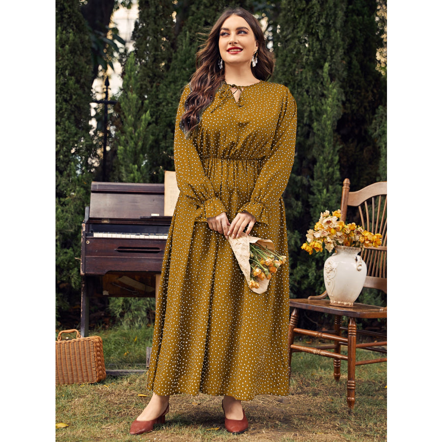 Plus Size Ruffled Polka Dot Long Sleeve Midi Dress Olive / 0XL Apparel and Accessories