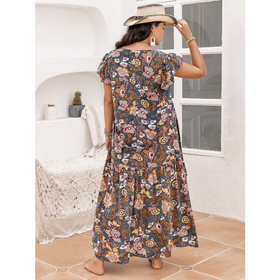 Plus Size Ruffled Printed Cap Sleeve Dress Apparel and Accessories