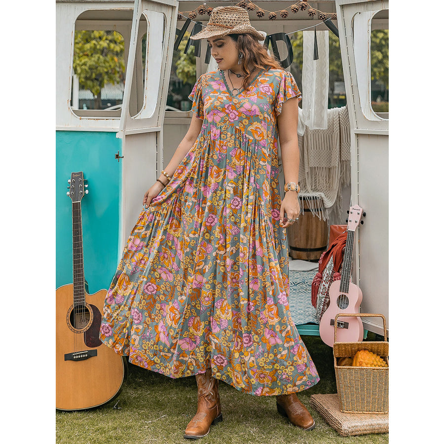 Plus Size Ruffled Printed Cap Sleeve Dress Flower-Color / 0XL Apparel and Accessories