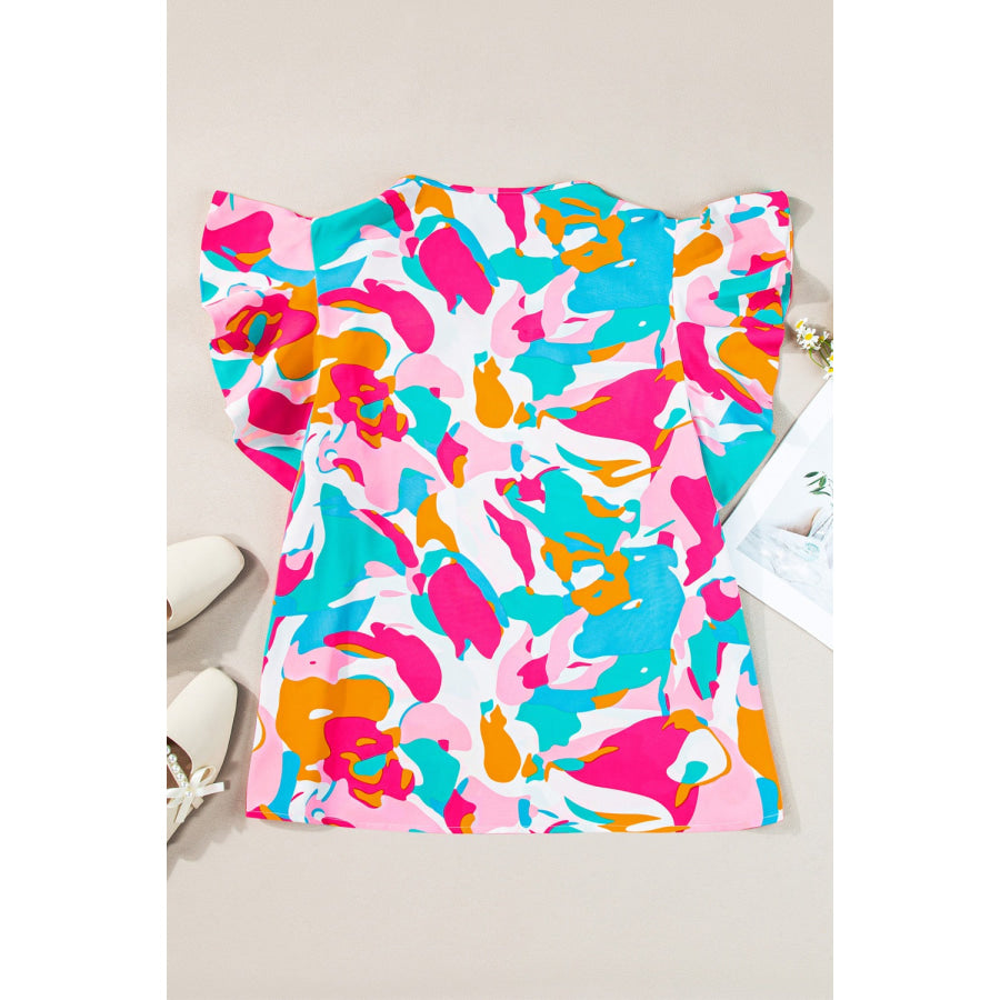 Plus Size Ruffled Printed Notched Cap Sleeve Blouse Aqua / 1XL Apparel and Accessories