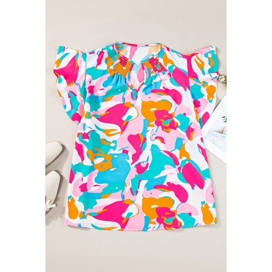 Plus Size Ruffled Printed Notched Cap Sleeve Blouse Aqua / 1XL Apparel and Accessories