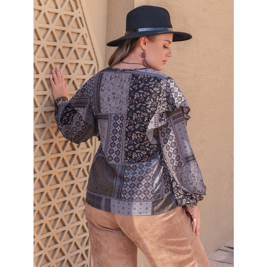 Plus Size Ruffled Printed Notched Long Sleeve Blouse Apparel and Accessories