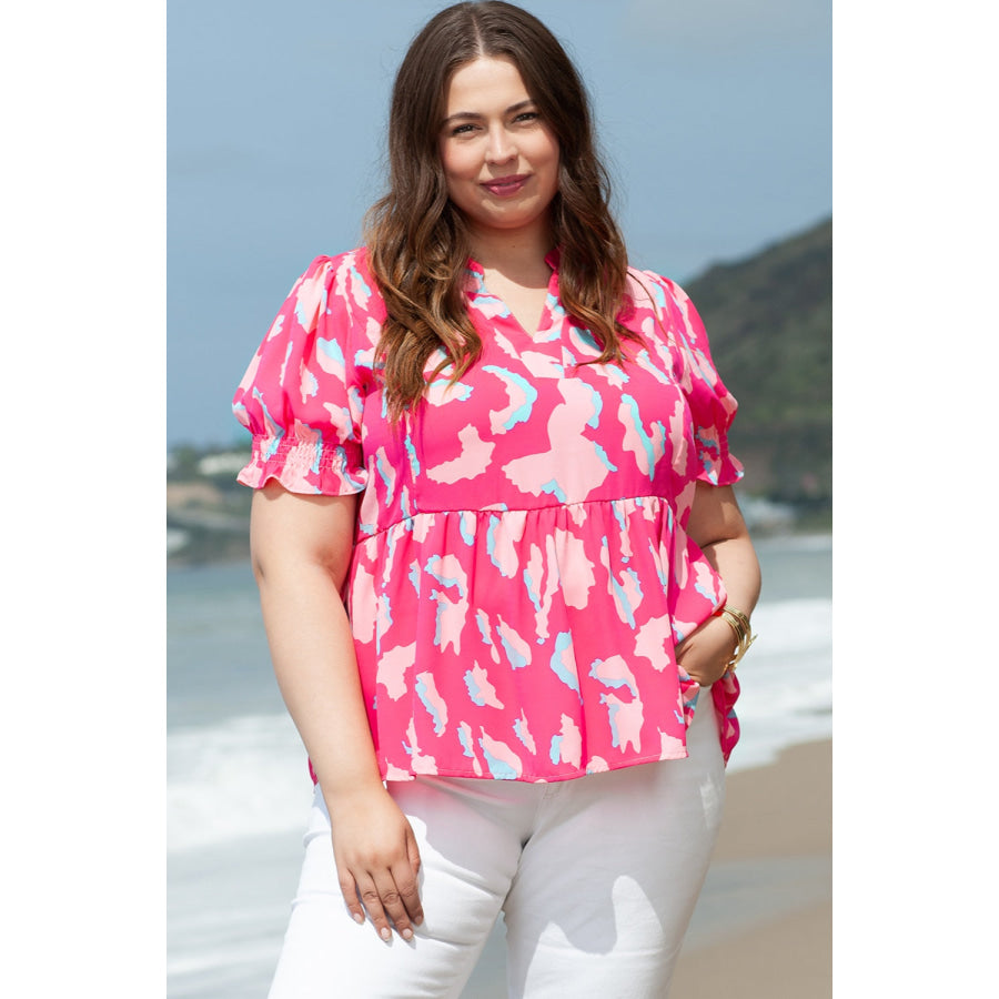 Plus Size Ruffled Printed Notched Short Sleeve Blouse Apparel and Accessories