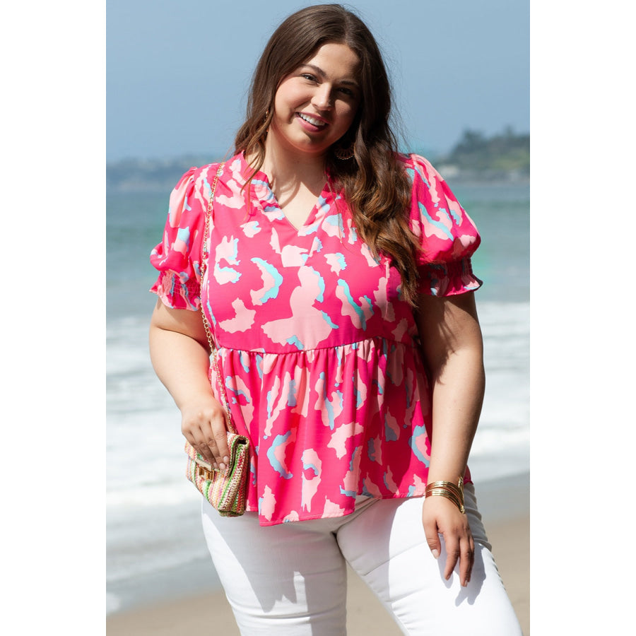 Plus Size Ruffled Printed Notched Short Sleeve Blouse Apparel and Accessories