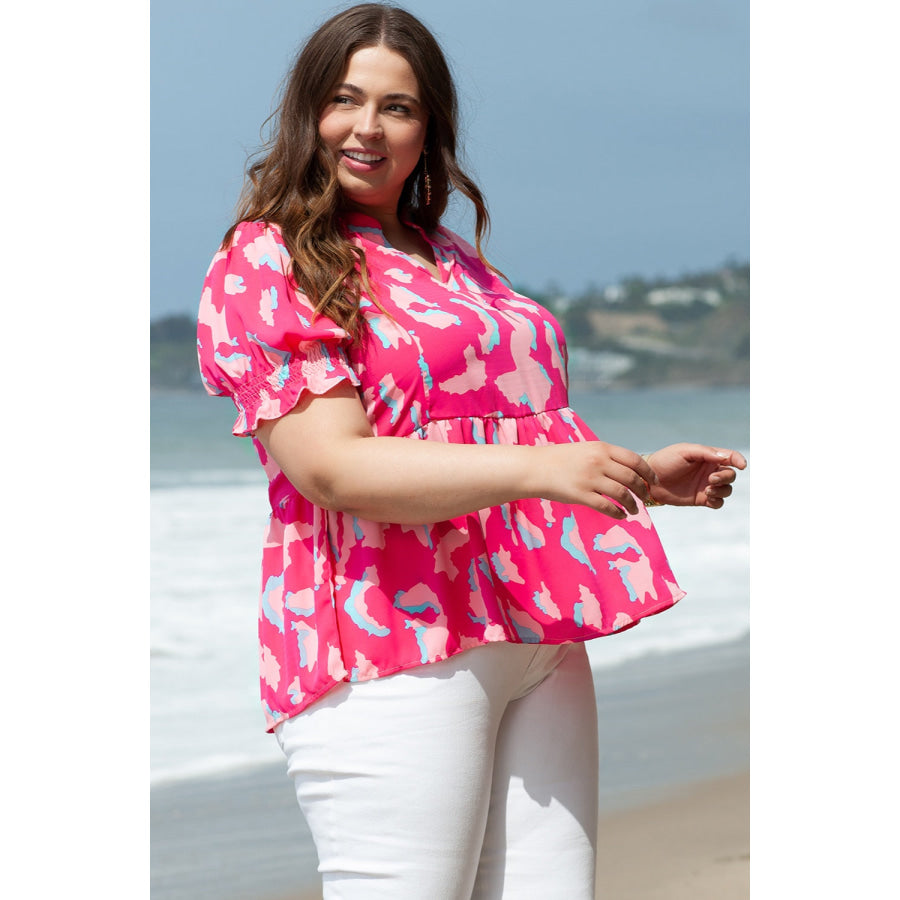 Plus Size Ruffled Printed Notched Short Sleeve Blouse Apparel and Accessories