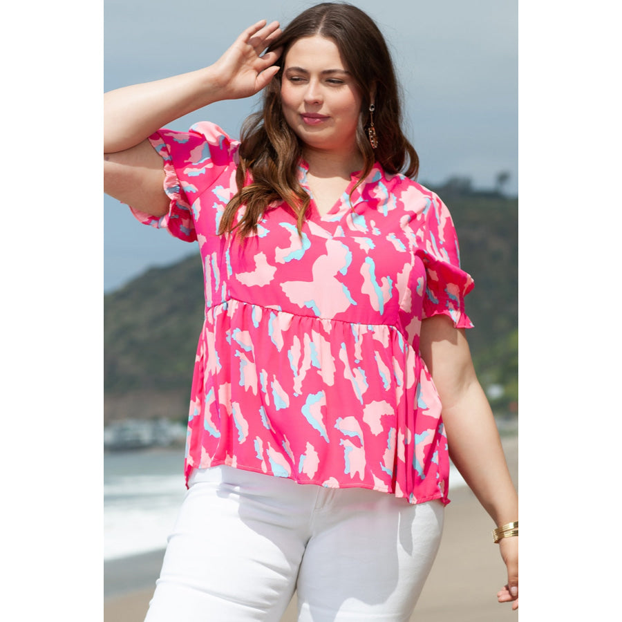 Plus Size Ruffled Printed Notched Short Sleeve Blouse Apparel and Accessories