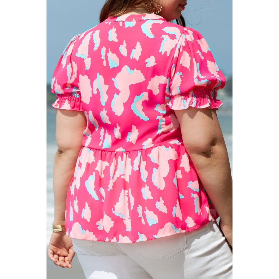 Plus Size Ruffled Printed Notched Short Sleeve Blouse Apparel and Accessories